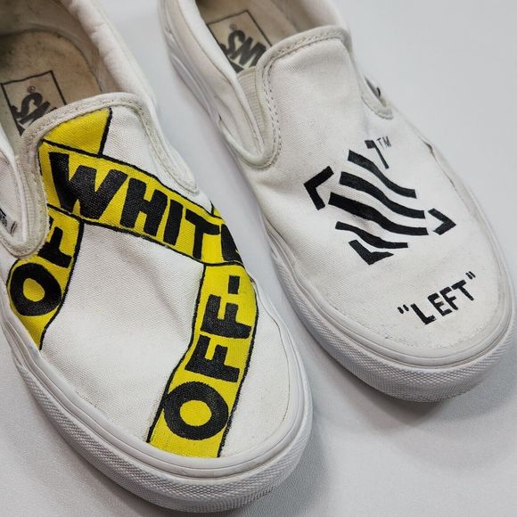 Vans Classic Slip On Sneaker Shoe Caution Tape Left Traffic Women 8 White Custom - Picture 4 of 16